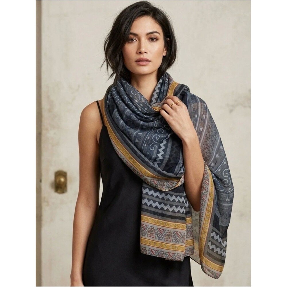 Boho Tribal Lightweight Scarf Shawl Geometric Print Gray Yellow No Brand